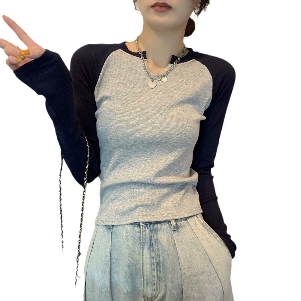 원본 품질 대외 무역 한국 스타일 새로운 리브 배색 반 개방 칼라 몸매 가꾸기 긴팔 티셔츠 여성 의류 이른 가을 맨위 상세 이미지 17