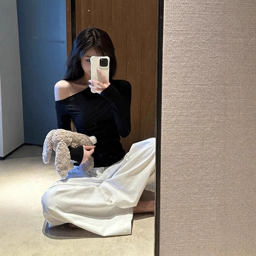 원본 품질 몸매 가꾸기 오프숄더 긴팔 티셔츠 여성 의류 기본 셔츠 맨위 이미지 2