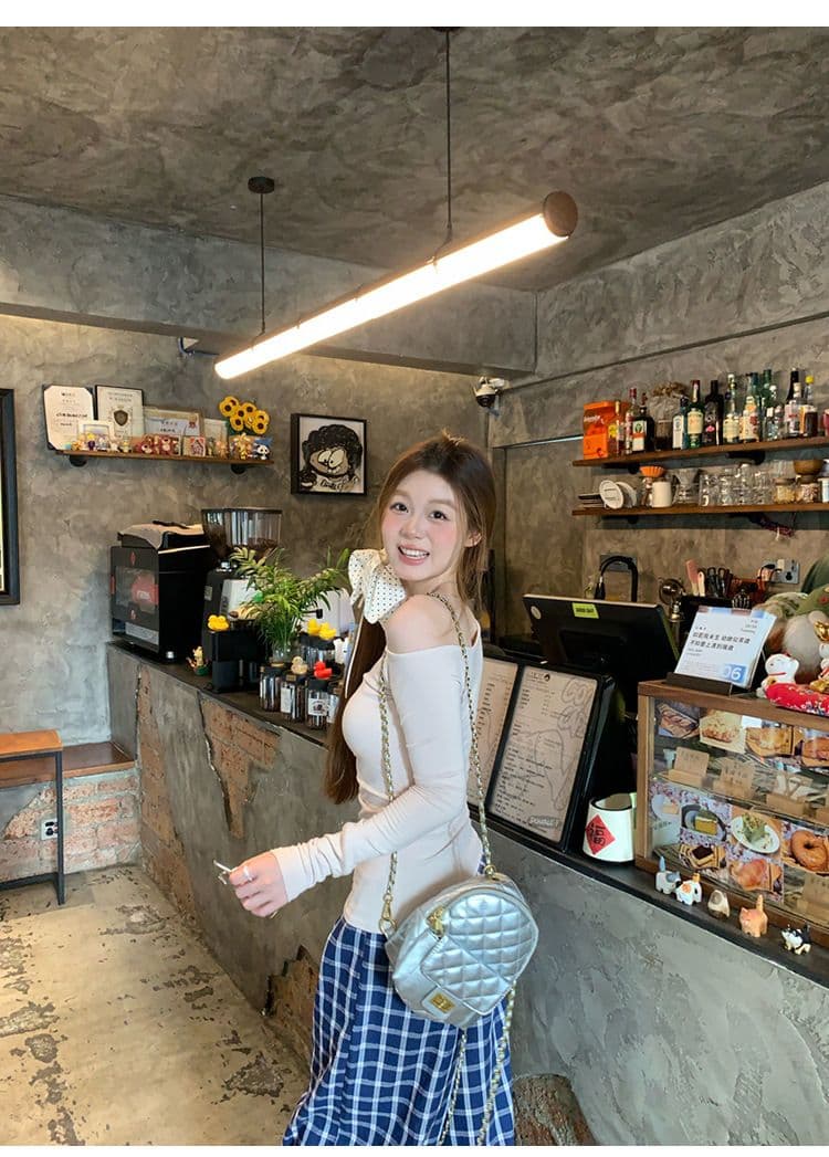 원본 품질 몸매 가꾸기 오프숄더 긴팔 티셔츠 여성 의류 기본 셔츠 맨위 상세 이미지 18
