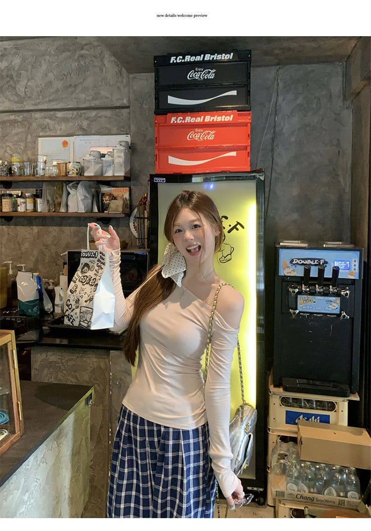 원본 품질 몸매 가꾸기 오프숄더 긴팔 티셔츠 여성 의류 기본 셔츠 맨위 상세 이미지 19