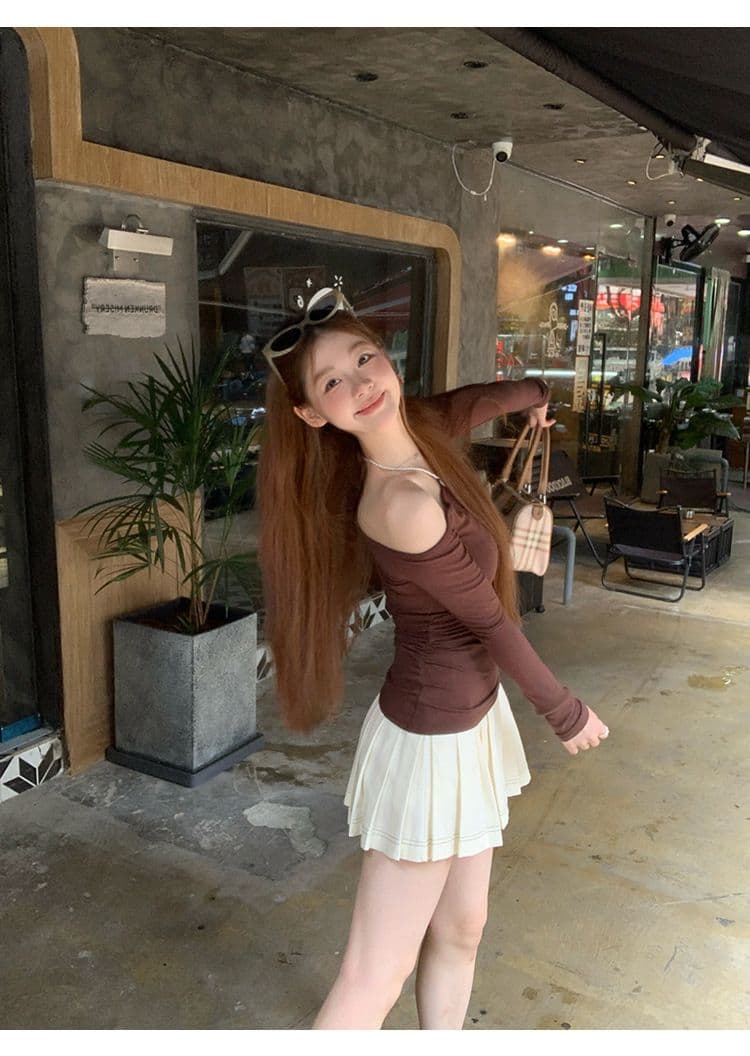 원본 품질 몸매 가꾸기 오프숄더 긴팔 티셔츠 여성 의류 기본 셔츠 맨위 상세 이미지 21