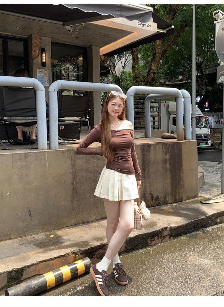 원본 품질 몸매 가꾸기 오프숄더 긴팔 티셔츠 여성 의류 기본 셔츠 맨위 상세 이미지 24
