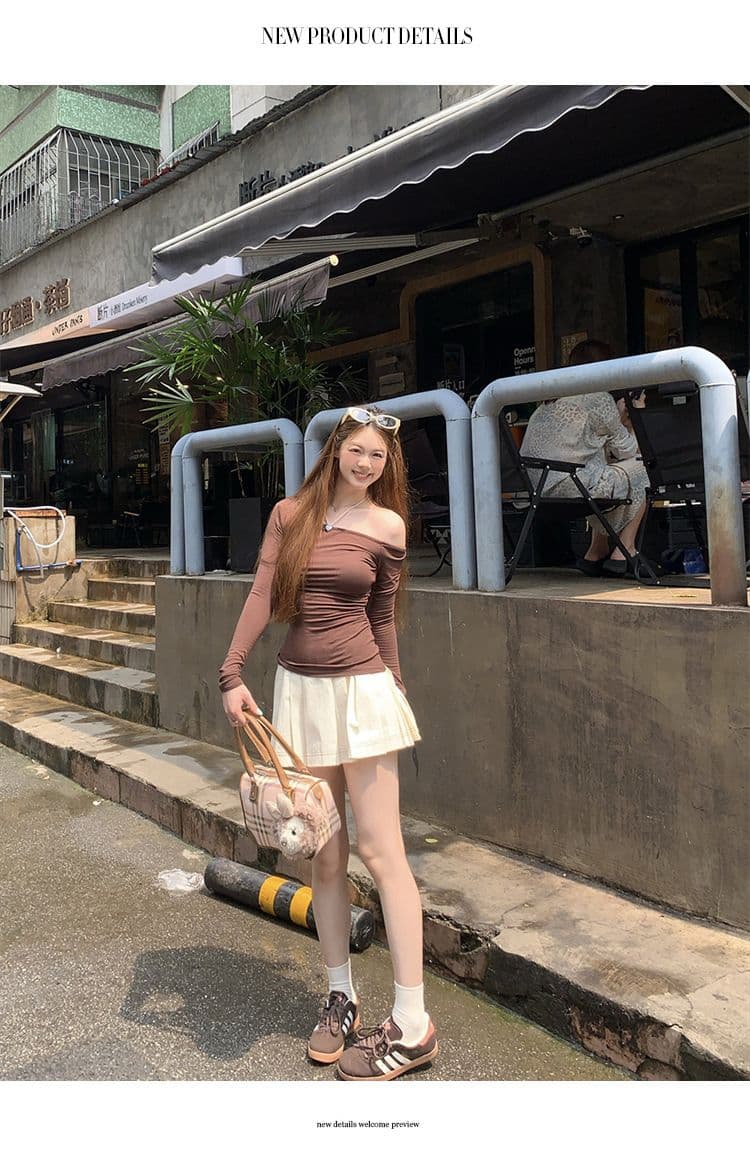원본 품질 몸매 가꾸기 오프숄더 긴팔 티셔츠 여성 의류 기본 셔츠 맨위 상세 이미지 26