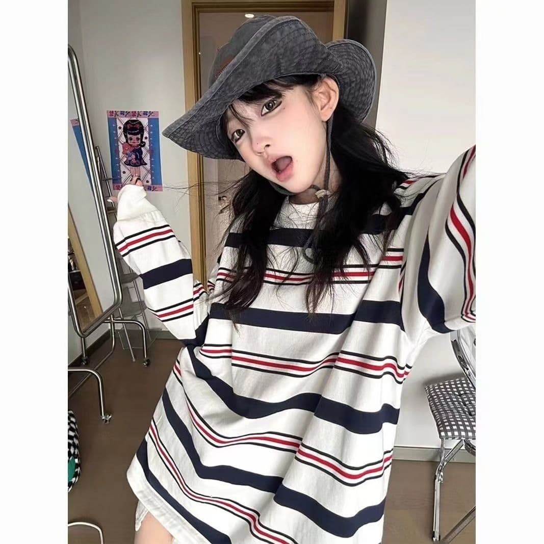 원본 대외 무역 면 물고기 규모 긴팔 후드티 여성 가을 얇은 스타일 루즈핏 스트라이프 라운드 넥 맨위 상세 이미지 2