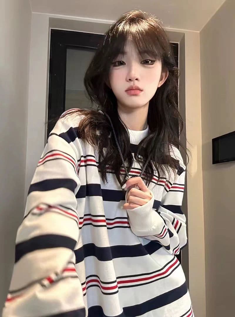 원본 대외 무역 면 물고기 규모 긴팔 후드티 여성 가을 얇은 스타일 루즈핏 스트라이프 라운드 넥 맨위 상세 이미지 4