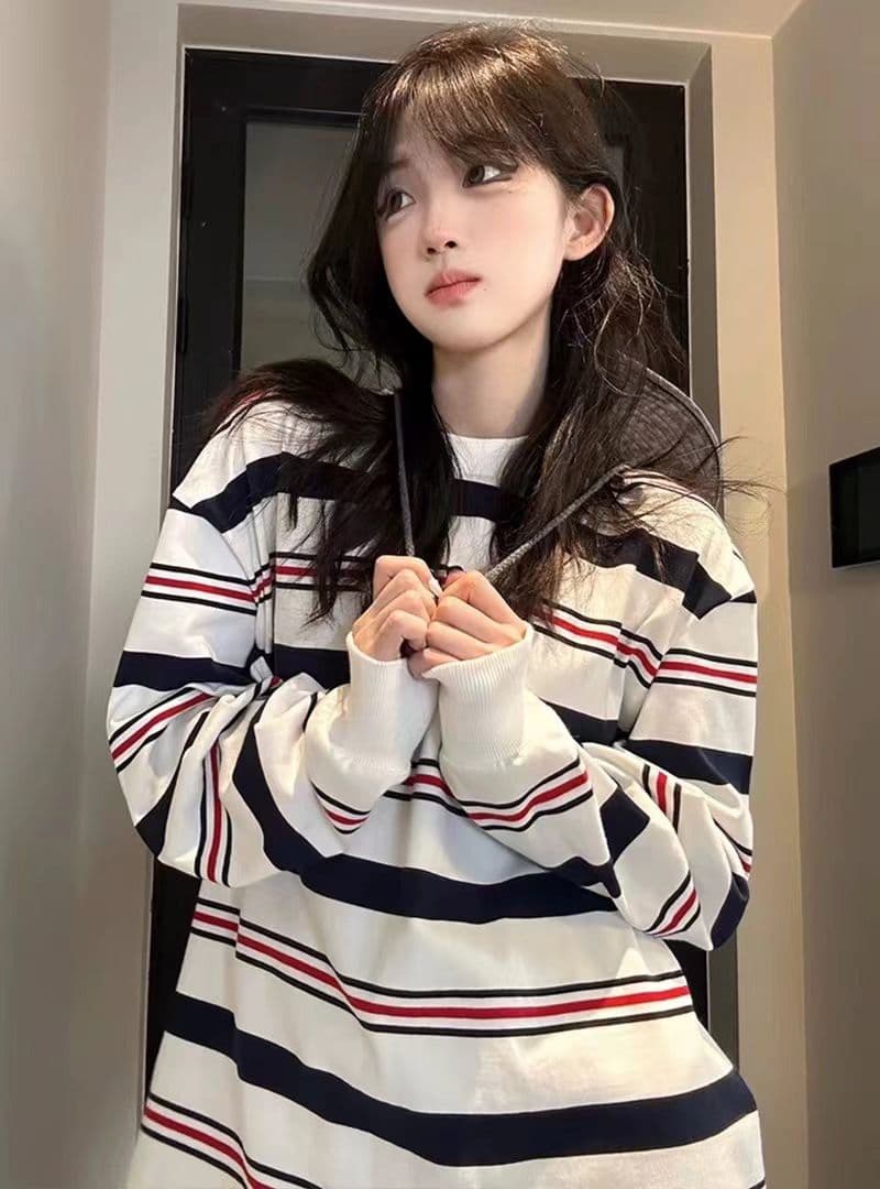 원본 대외 무역 면 물고기 규모 긴팔 후드티 여성 가을 얇은 스타일 루즈핏 스트라이프 라운드 넥 맨위 상세 이미지 5