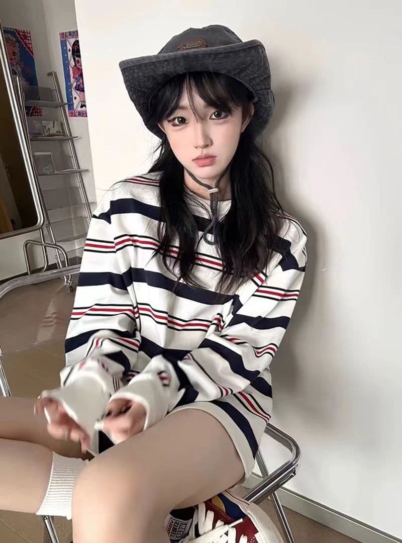 원본 대외 무역 면 물고기 규모 긴팔 후드티 여성 가을 얇은 스타일 루즈핏 스트라이프 라운드 넥 맨위 상세 이미지 6