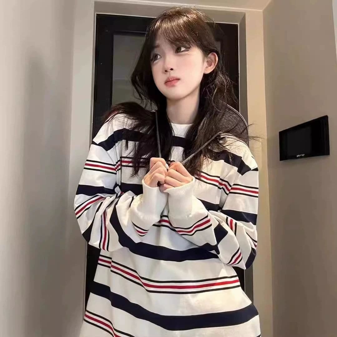 원본 대외 무역 면 물고기 규모 긴팔 후드티 여성 가을 얇은 스타일 루즈핏 스트라이프 라운드 넥 맨위 상세 이미지 7