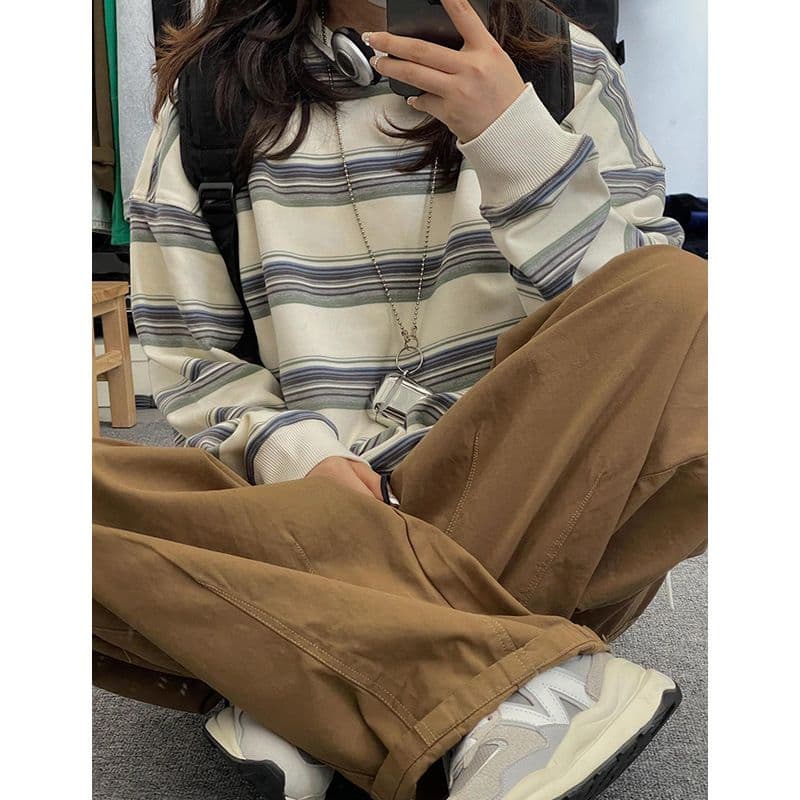 원본 대외 무역 한국 스타일 새로운 면 물고기 규모 스트라이프 라운드 넥 얇은 스타일 후드티 여성 가을 배색 긴팔 상세 이미지 3