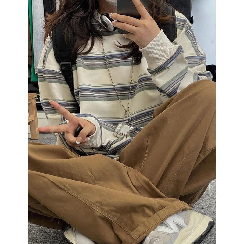 원본 대외 무역 한국 스타일 새로운 면 물고기 규모 스트라이프 라운드 넥 얇은 스타일 후드티 여성 가을 배색 긴팔 상세 이미지 4
