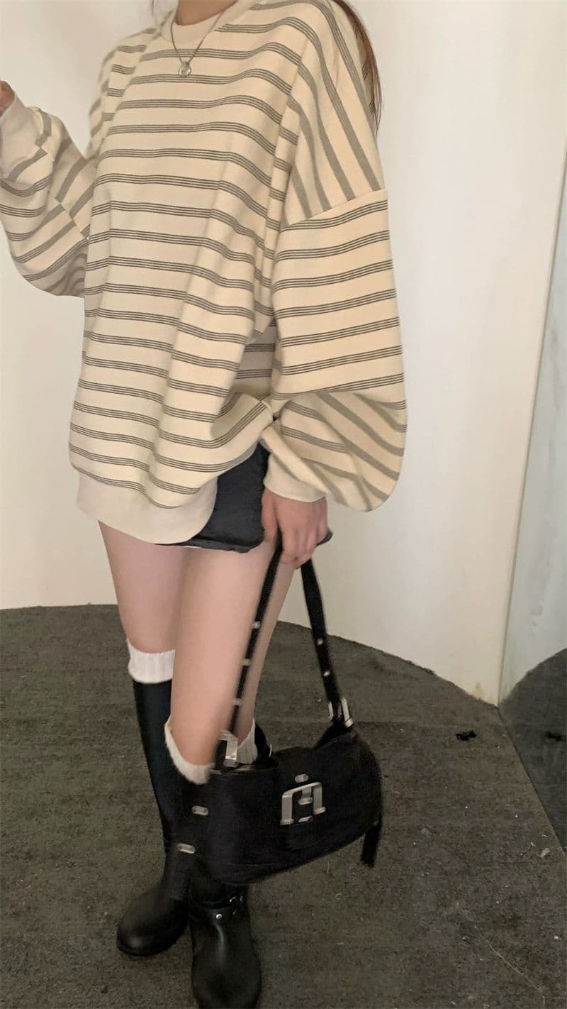 있음 선적 원본 품질 대외 무역 한국 스타일 새로운 물고기 규모 스트라이프 가을 얇은 스타일 후드티 여성 루즈핏 맨위 상세 이미지 5
