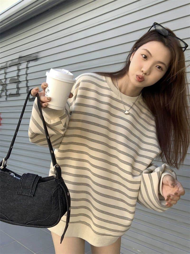 있음 선적 원본 품질 대외 무역 한국 스타일 새로운 물고기 규모 스트라이프 가을 얇은 스타일 후드티 여성 루즈핏 맨위 상세 이미지 10