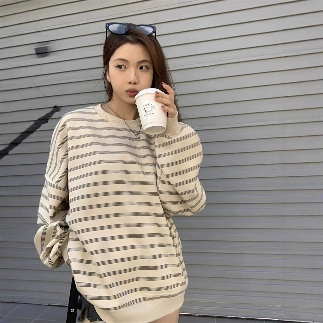 있음 선적 원본 품질 대외 무역 한국 스타일 새로운 물고기 규모 스트라이프 가을 얇은 스타일 후드티 여성 루즈핏 맨위 상세 이미지 14
