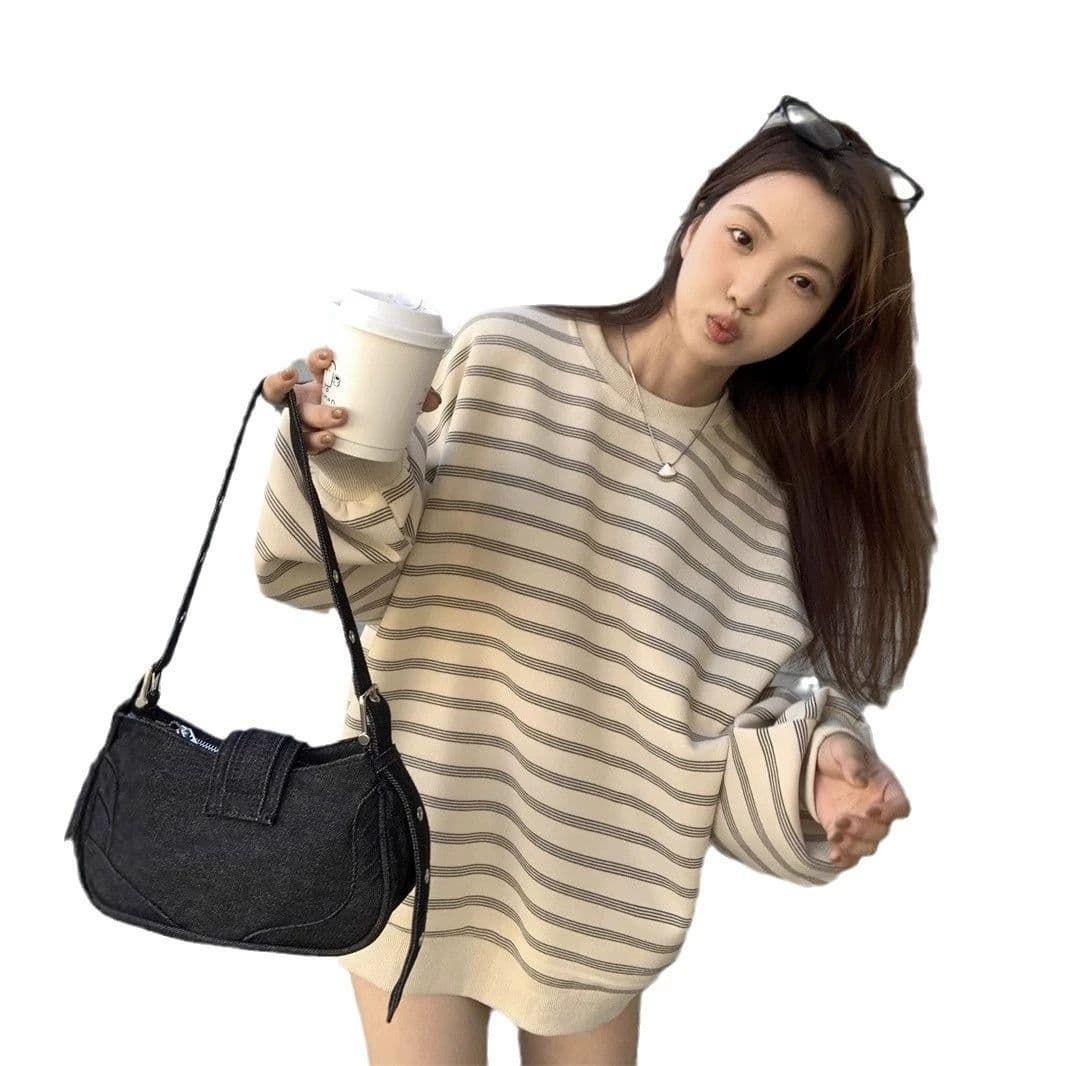 있음 선적 원본 품질 대외 무역 한국 스타일 새로운 물고기 규모 스트라이프 가을 얇은 스타일 후드티 여성 루즈핏 맨위 상세 이미지 18