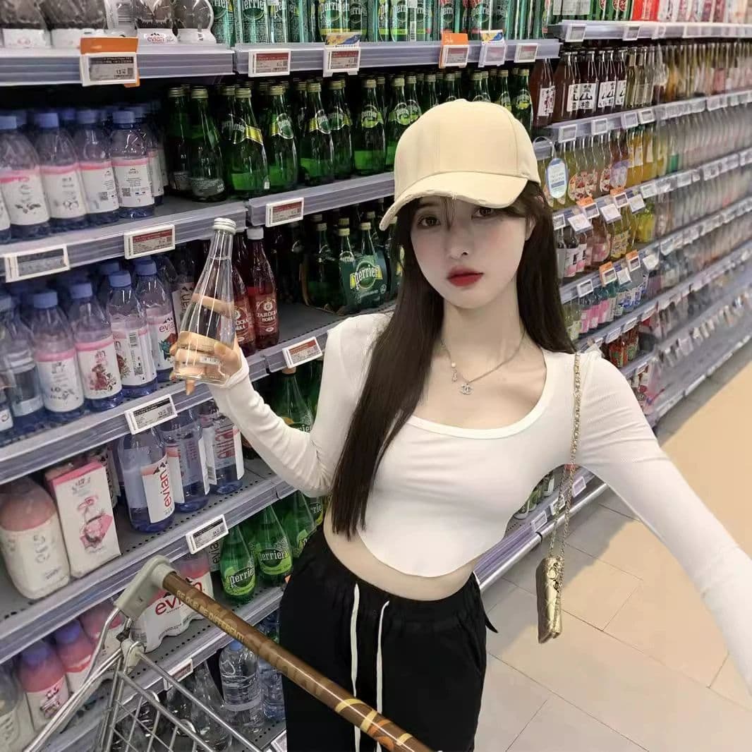 원본 품질 대외 무역 한국 스타일 새로운 리브 순수한 욕망 바람 티셔츠 몸매 가꾸기 긴팔 기본 셔츠 이슬 뼈의 핫걸 쇼트 스타일 이미지 3