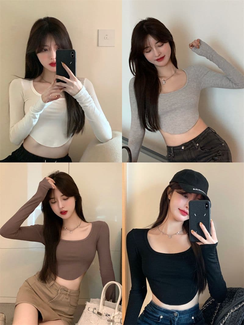 원본 품질 대외 무역 한국 스타일 새로운 리브 순수한 욕망 바람 티셔츠 몸매 가꾸기 긴팔 기본 셔츠 이슬 뼈의 핫걸 쇼트 스타일 상세 이미지 2