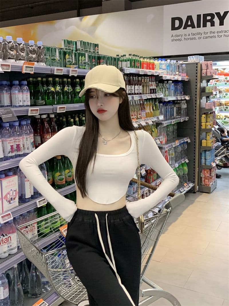 원본 품질 대외 무역 한국 스타일 새로운 리브 순수한 욕망 바람 티셔츠 몸매 가꾸기 긴팔 기본 셔츠 이슬 뼈의 핫걸 쇼트 스타일 상세 이미지 5