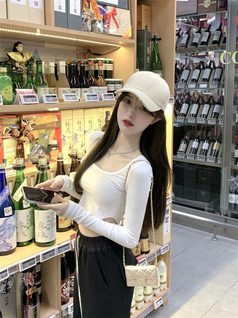 원본 품질 대외 무역 한국 스타일 새로운 리브 순수한 욕망 바람 티셔츠 몸매 가꾸기 긴팔 기본 셔츠 이슬 뼈의 핫걸 쇼트 스타일 상세 이미지 6