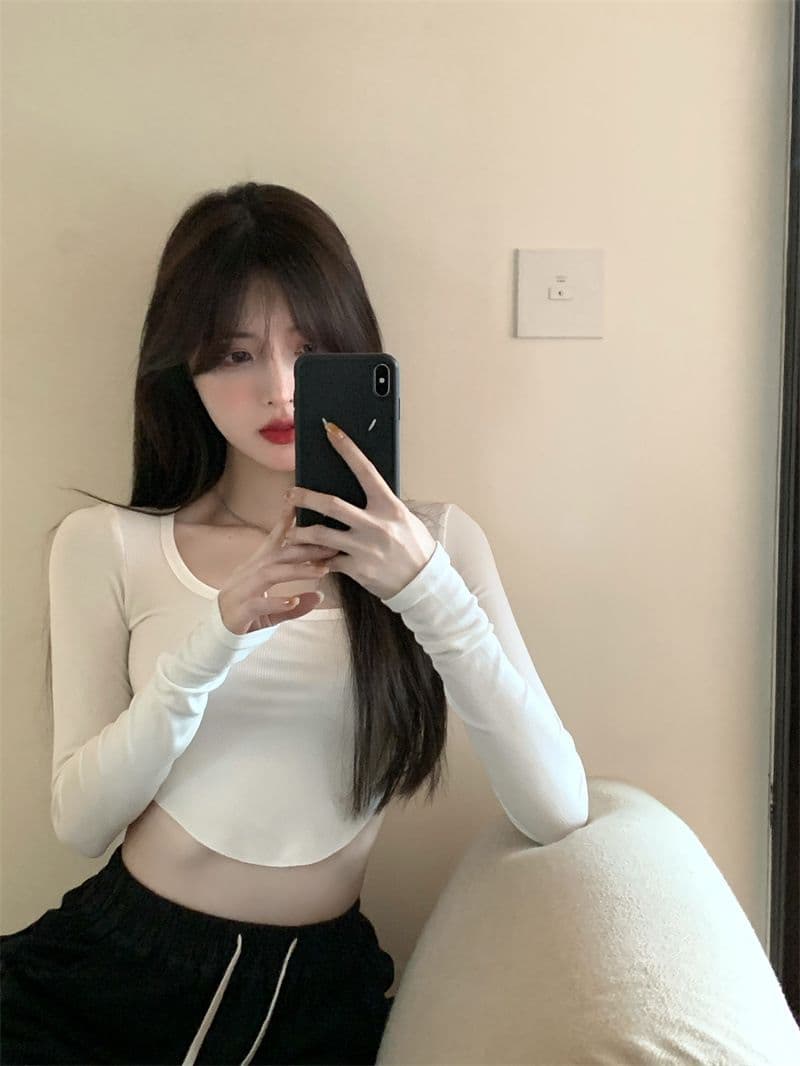 원본 품질 대외 무역 한국 스타일 새로운 리브 순수한 욕망 바람 티셔츠 몸매 가꾸기 긴팔 기본 셔츠 이슬 뼈의 핫걸 쇼트 스타일 상세 이미지 9