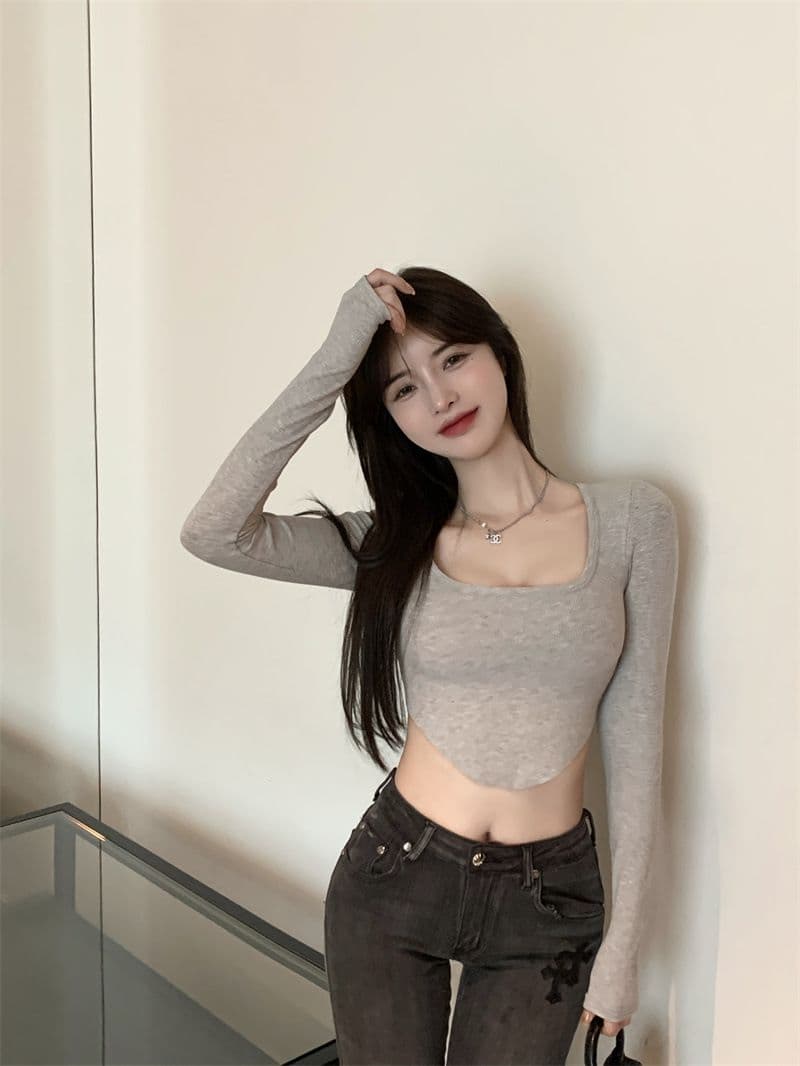 원본 품질 대외 무역 한국 스타일 새로운 리브 순수한 욕망 바람 티셔츠 몸매 가꾸기 긴팔 기본 셔츠 이슬 뼈의 핫걸 쇼트 스타일 상세 이미지 10