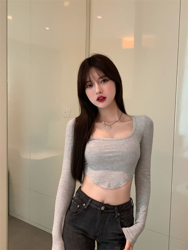 원본 품질 대외 무역 한국 스타일 새로운 리브 순수한 욕망 바람 티셔츠 몸매 가꾸기 긴팔 기본 셔츠 이슬 뼈의 핫걸 쇼트 스타일 상세 이미지 11