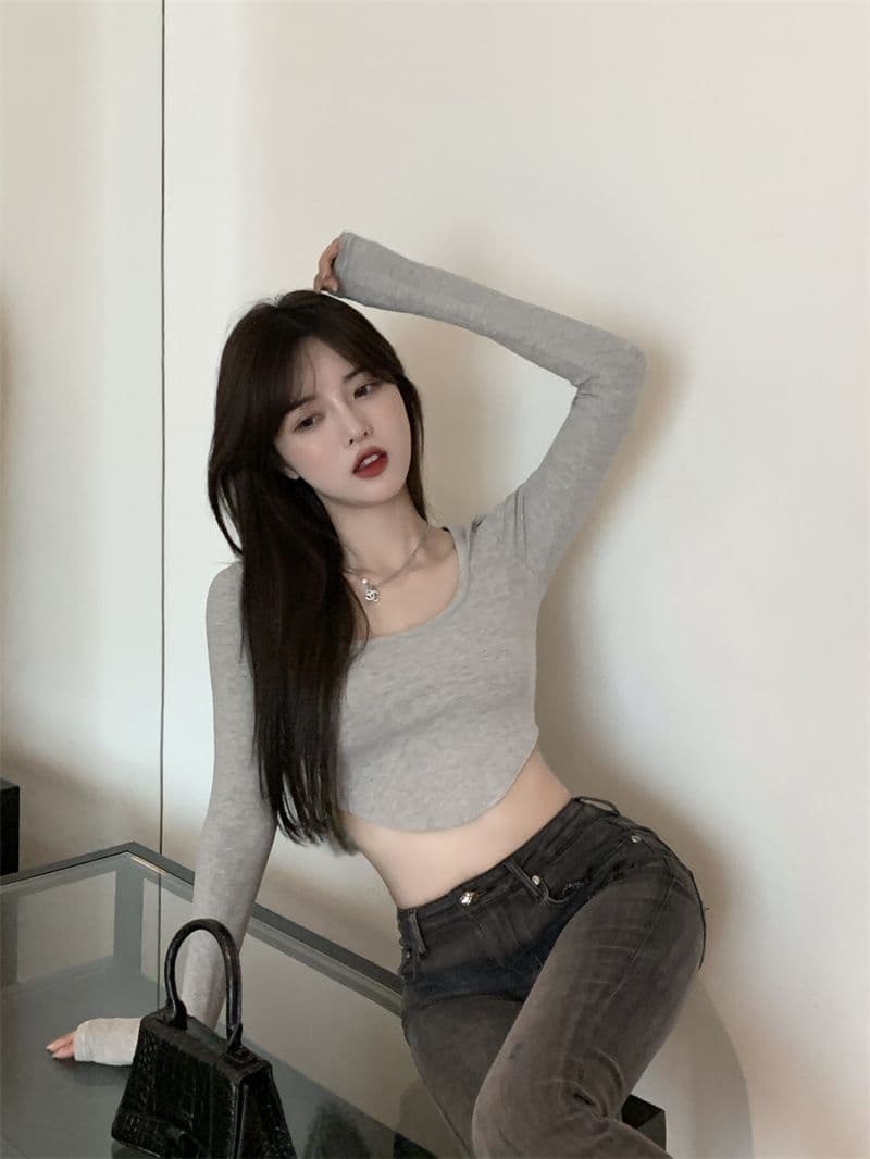 원본 품질 대외 무역 한국 스타일 새로운 리브 순수한 욕망 바람 티셔츠 몸매 가꾸기 긴팔 기본 셔츠 이슬 뼈의 핫걸 쇼트 스타일 상세 이미지 13