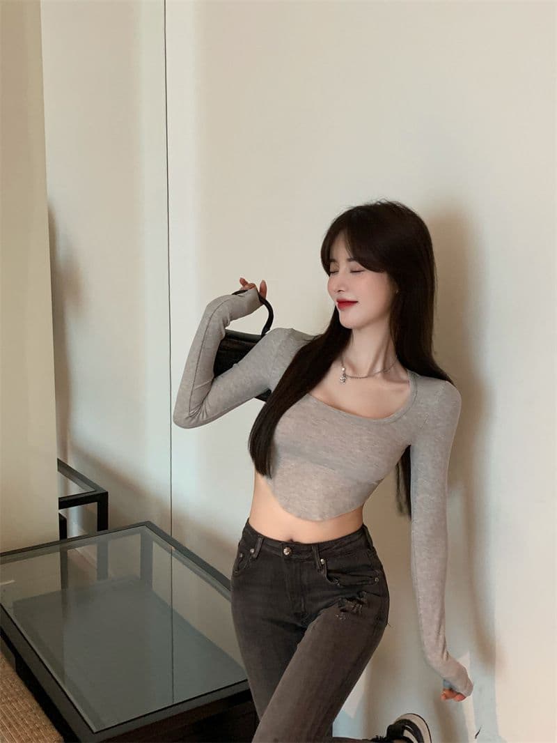 원본 품질 대외 무역 한국 스타일 새로운 리브 순수한 욕망 바람 티셔츠 몸매 가꾸기 긴팔 기본 셔츠 이슬 뼈의 핫걸 쇼트 스타일 상세 이미지 14