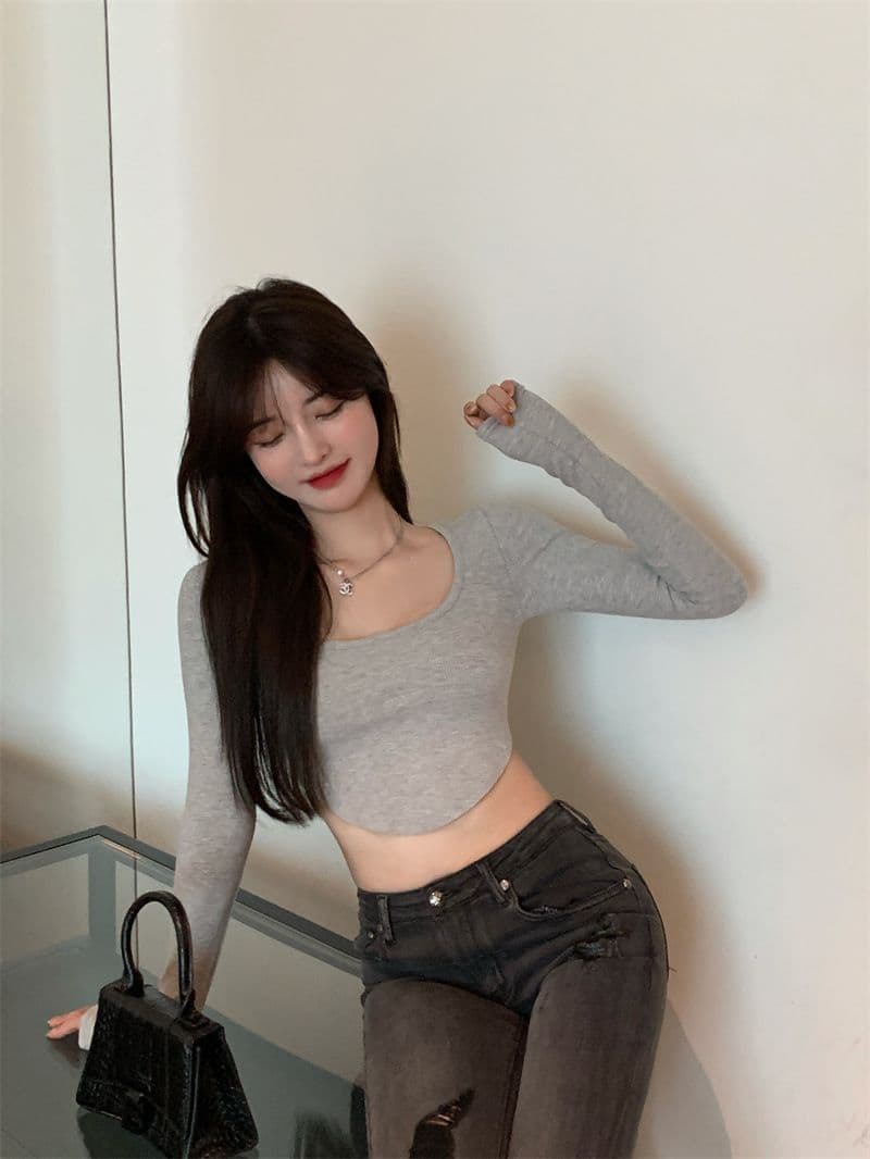 원본 품질 대외 무역 한국 스타일 새로운 리브 순수한 욕망 바람 티셔츠 몸매 가꾸기 긴팔 기본 셔츠 이슬 뼈의 핫걸 쇼트 스타일 상세 이미지 15