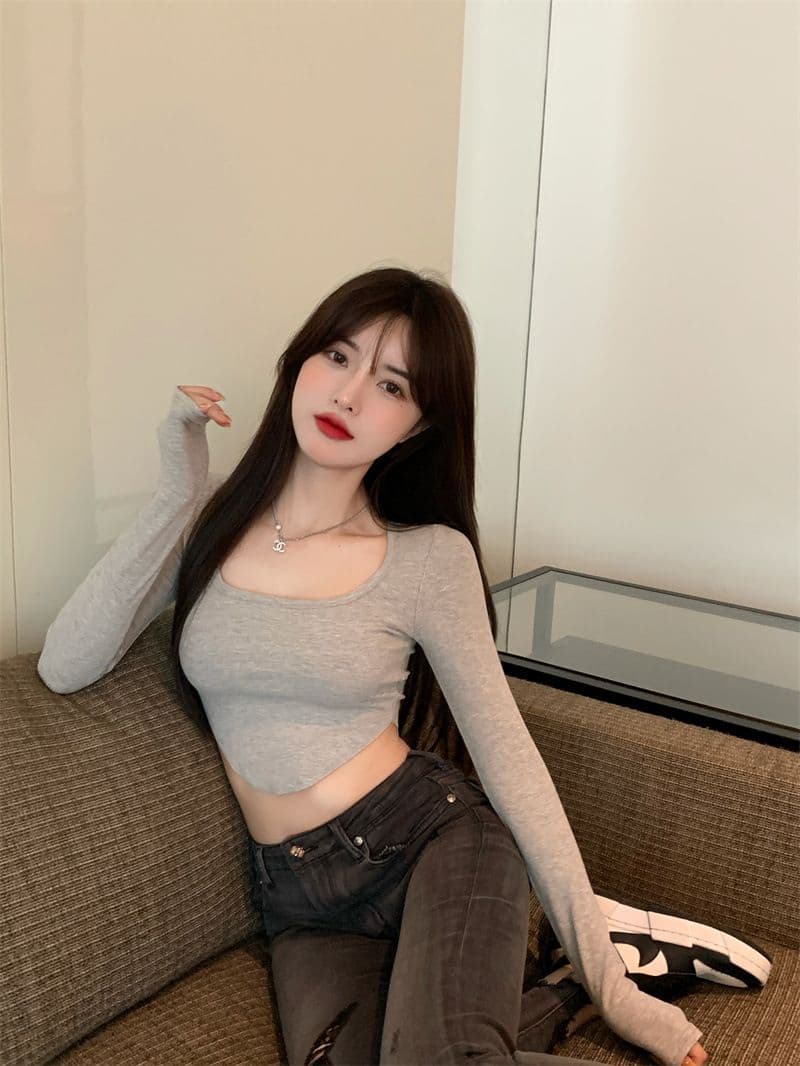 원본 품질 대외 무역 한국 스타일 새로운 리브 순수한 욕망 바람 티셔츠 몸매 가꾸기 긴팔 기본 셔츠 이슬 뼈의 핫걸 쇼트 스타일 상세 이미지 17