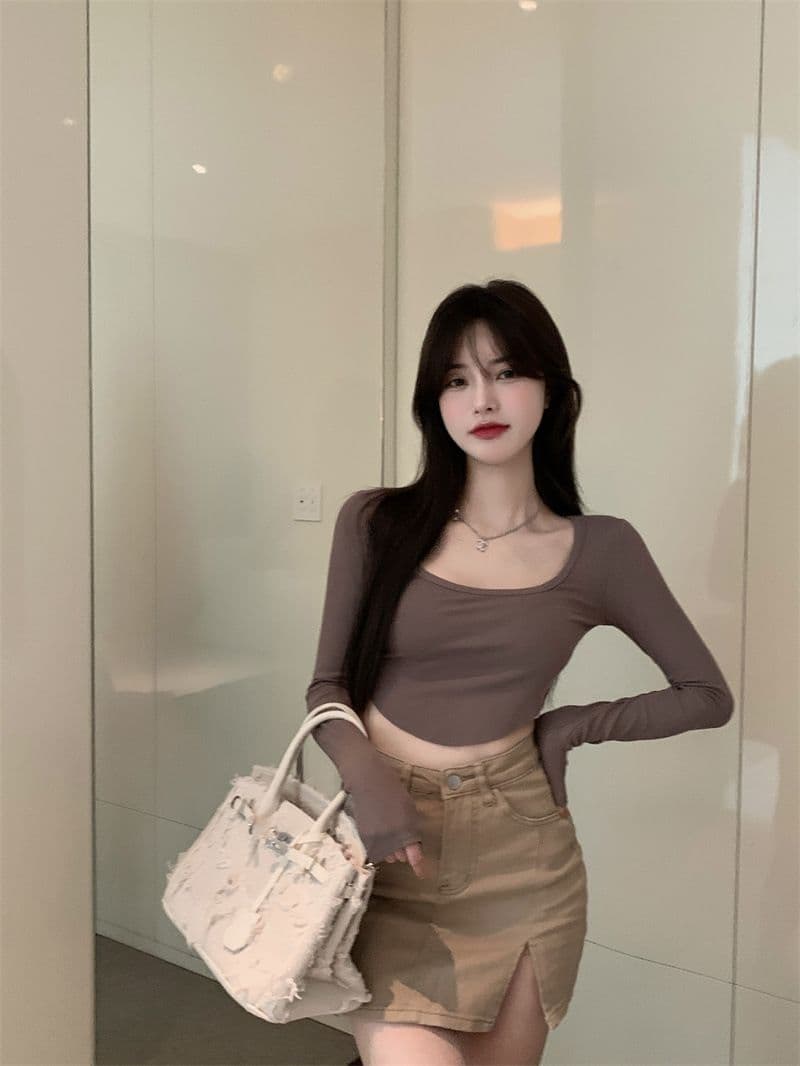 원본 품질 대외 무역 한국 스타일 새로운 리브 순수한 욕망 바람 티셔츠 몸매 가꾸기 긴팔 기본 셔츠 이슬 뼈의 핫걸 쇼트 스타일 상세 이미지 20