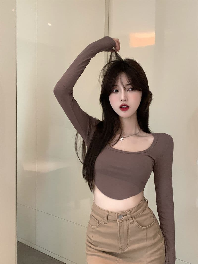 원본 품질 대외 무역 한국 스타일 새로운 리브 순수한 욕망 바람 티셔츠 몸매 가꾸기 긴팔 기본 셔츠 이슬 뼈의 핫걸 쇼트 스타일 상세 이미지 22