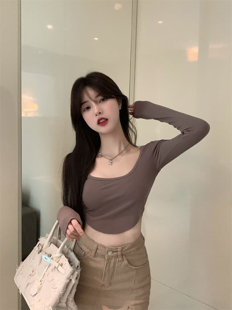 원본 품질 대외 무역 한국 스타일 새로운 리브 순수한 욕망 바람 티셔츠 몸매 가꾸기 긴팔 기본 셔츠 이슬 뼈의 핫걸 쇼트 스타일 상세 이미지 23