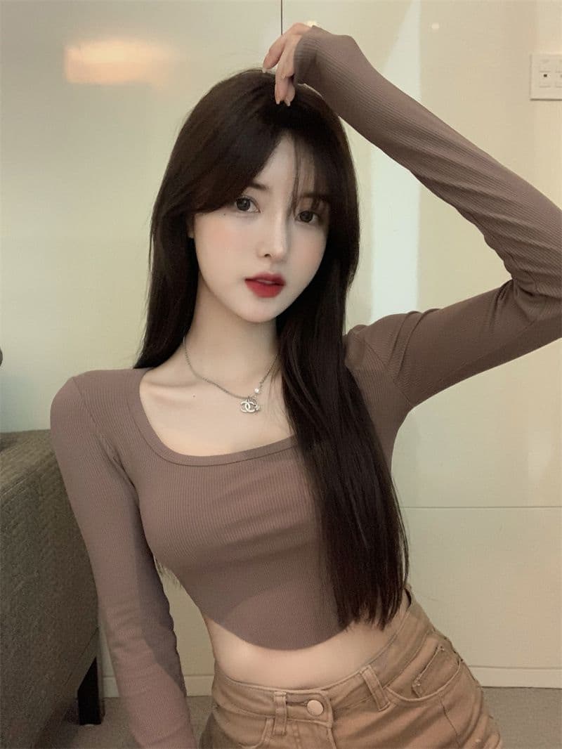 원본 품질 대외 무역 한국 스타일 새로운 리브 순수한 욕망 바람 티셔츠 몸매 가꾸기 긴팔 기본 셔츠 이슬 뼈의 핫걸 쇼트 스타일 상세 이미지 24