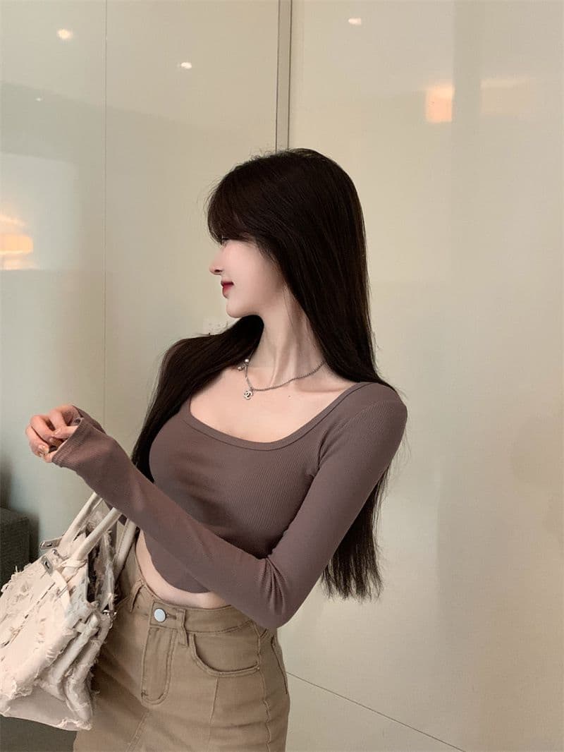 원본 품질 대외 무역 한국 스타일 새로운 리브 순수한 욕망 바람 티셔츠 몸매 가꾸기 긴팔 기본 셔츠 이슬 뼈의 핫걸 쇼트 스타일 상세 이미지 25