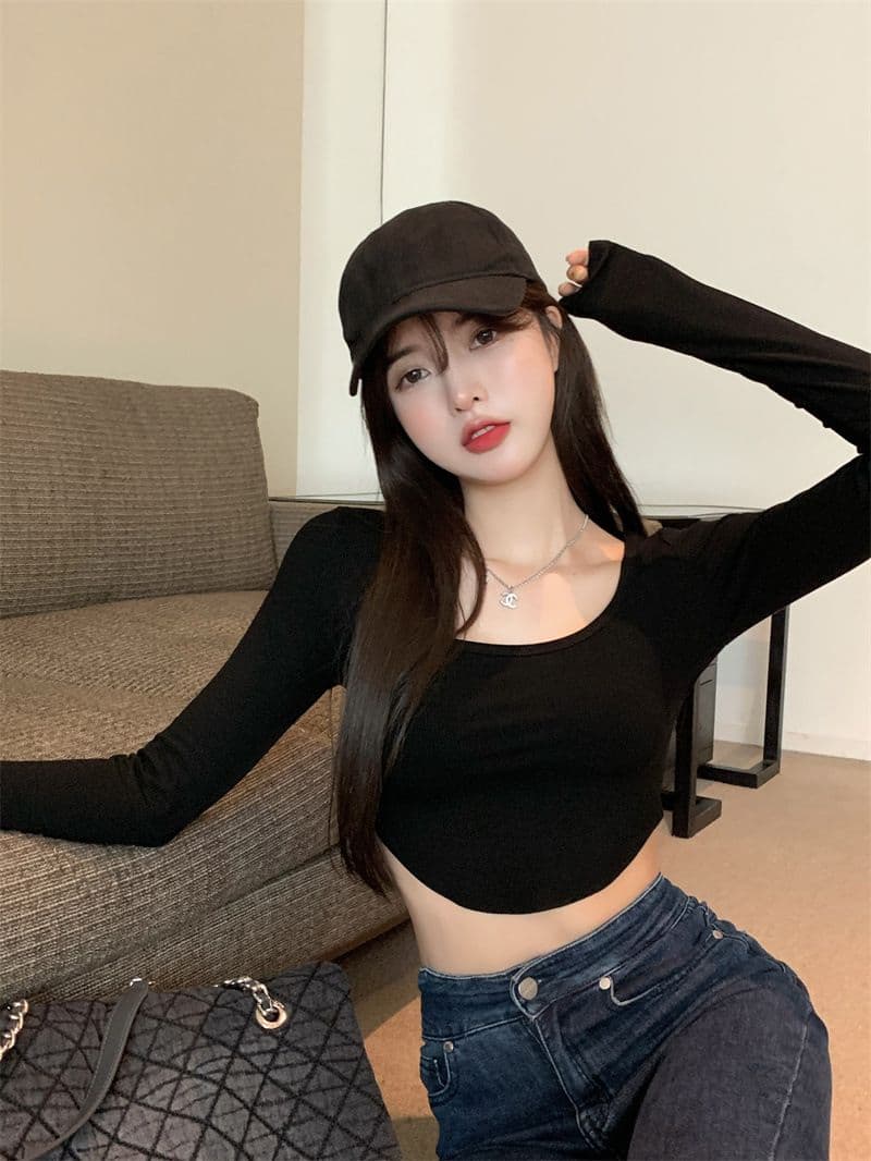 원본 품질 대외 무역 한국 스타일 새로운 리브 순수한 욕망 바람 티셔츠 몸매 가꾸기 긴팔 기본 셔츠 이슬 뼈의 핫걸 쇼트 스타일 상세 이미지 26