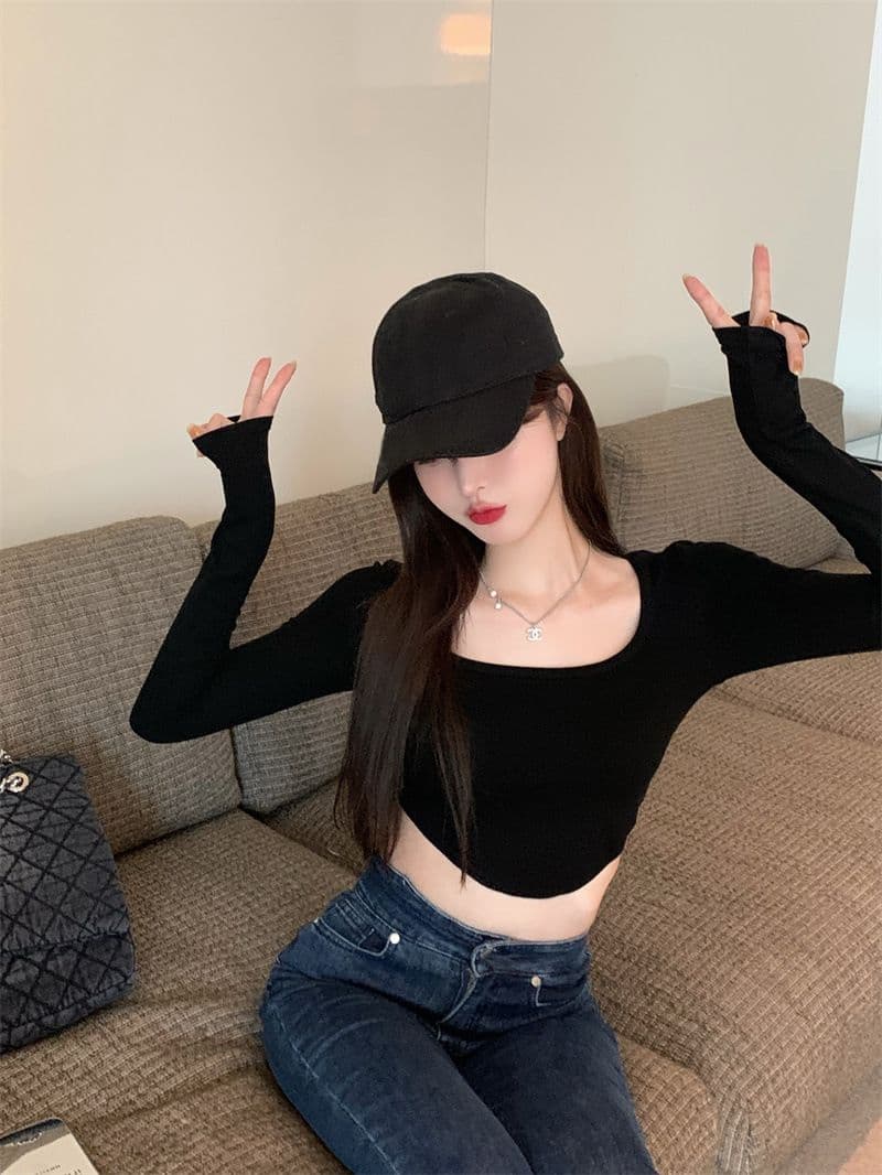 원본 품질 대외 무역 한국 스타일 새로운 리브 순수한 욕망 바람 티셔츠 몸매 가꾸기 긴팔 기본 셔츠 이슬 뼈의 핫걸 쇼트 스타일 상세 이미지 27