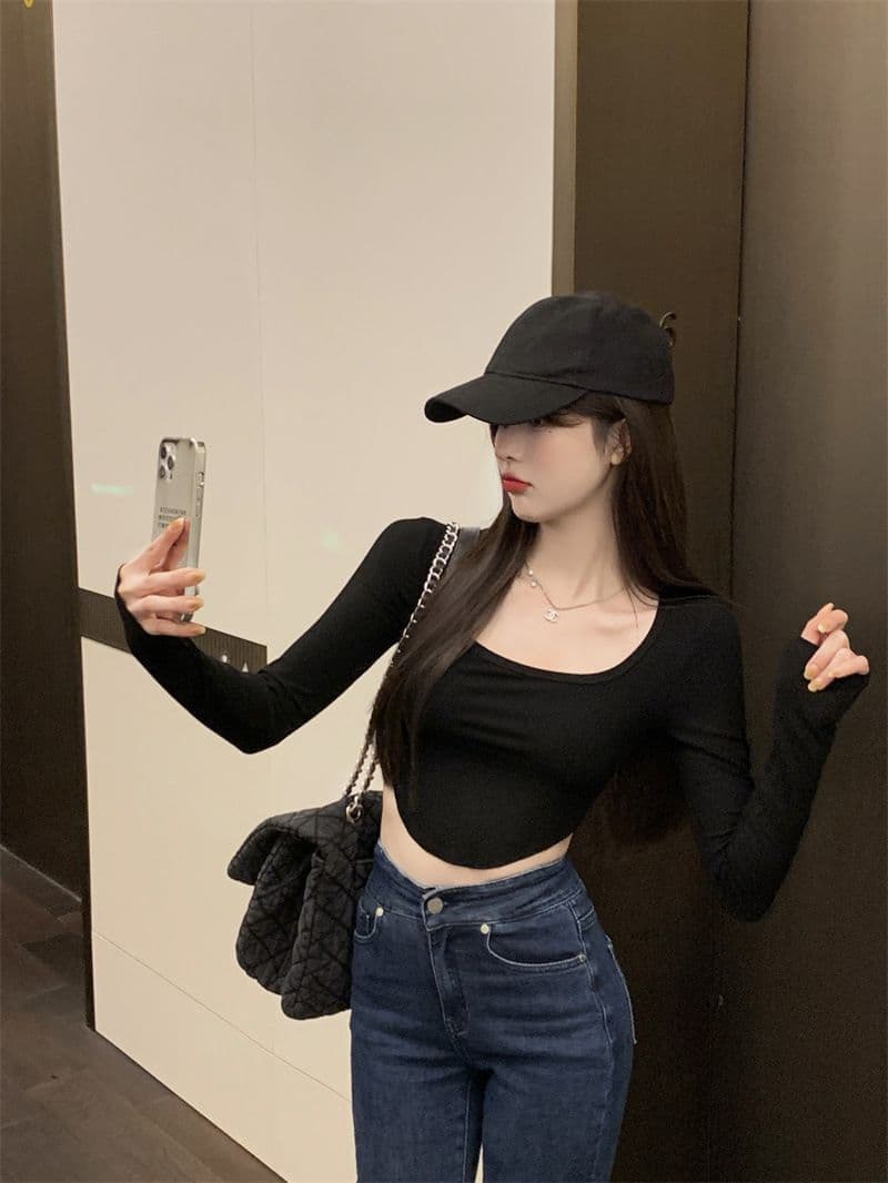 원본 품질 대외 무역 한국 스타일 새로운 리브 순수한 욕망 바람 티셔츠 몸매 가꾸기 긴팔 기본 셔츠 이슬 뼈의 핫걸 쇼트 스타일 상세 이미지 28