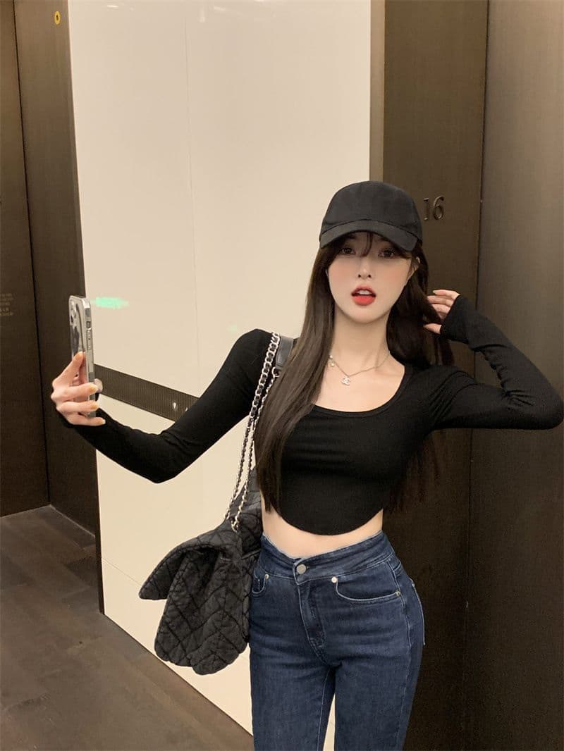 원본 품질 대외 무역 한국 스타일 새로운 리브 순수한 욕망 바람 티셔츠 몸매 가꾸기 긴팔 기본 셔츠 이슬 뼈의 핫걸 쇼트 스타일 상세 이미지 30