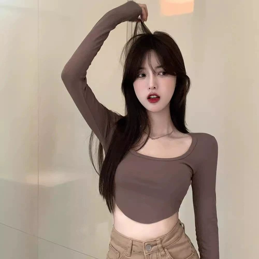 원본 품질 대외 무역 한국 스타일 새로운 리브 순수한 욕망 바람 티셔츠 몸매 가꾸기 긴팔 기본 셔츠 이슬 뼈의 핫걸 쇼트 스타일 상세 이미지 34