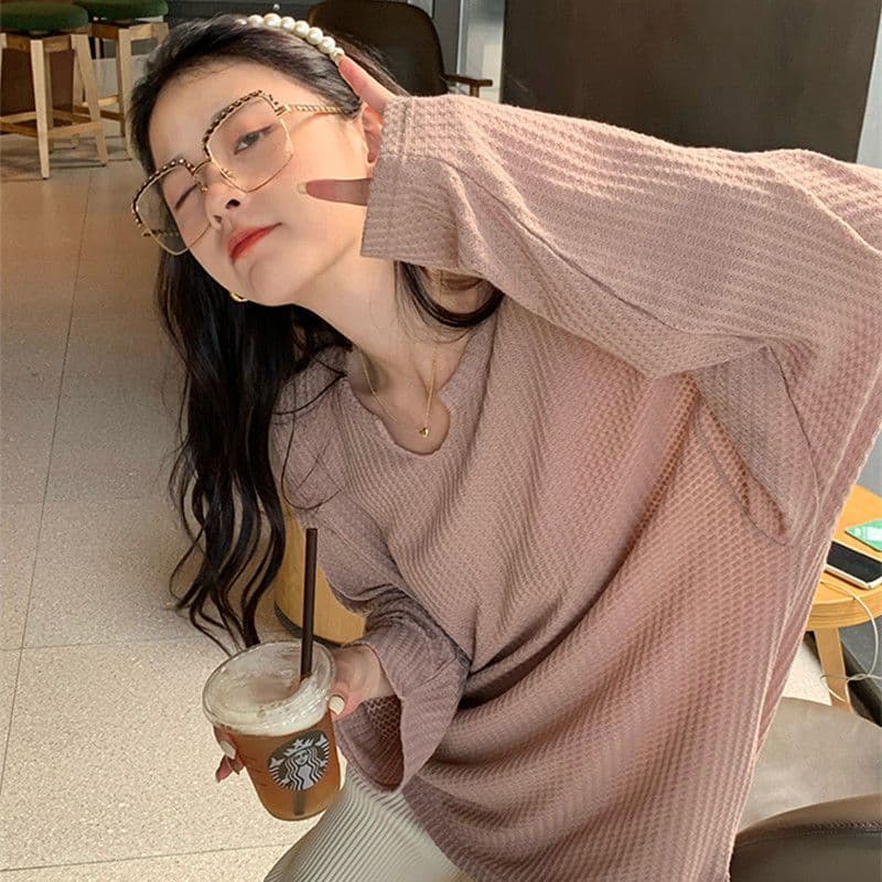 대외 무역 원본 후아 남편 그리드 후드티 여성 얇은 스타일 루즈핏 긴팔 티셔츠 여성 풀오버 맨위 상세 이미지 10