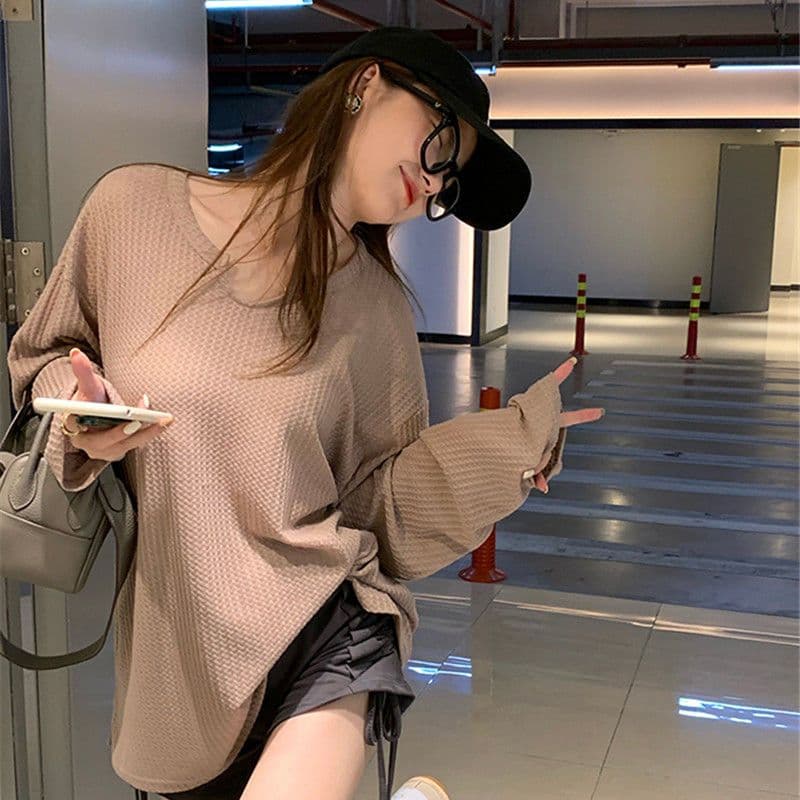 대외 무역 원본 후아 남편 그리드 후드티 여성 얇은 스타일 루즈핏 긴팔 티셔츠 여성 풀오버 맨위 상세 이미지 14