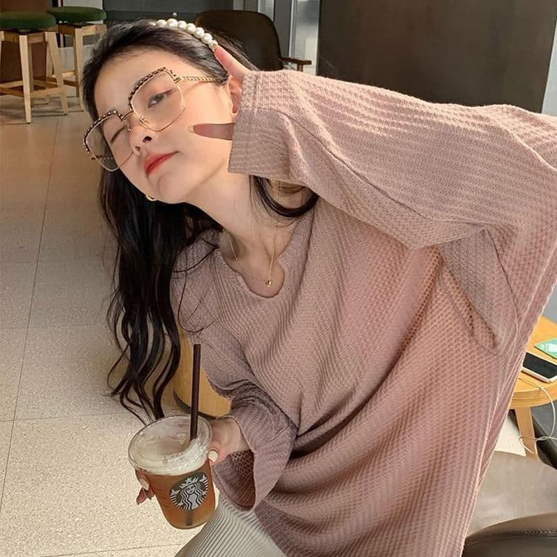 대외 무역 원본 후아 남편 그리드 후드티 여성 얇은 스타일 루즈핏 긴팔 티셔츠 여성 풀오버 맨위 상세 이미지 15