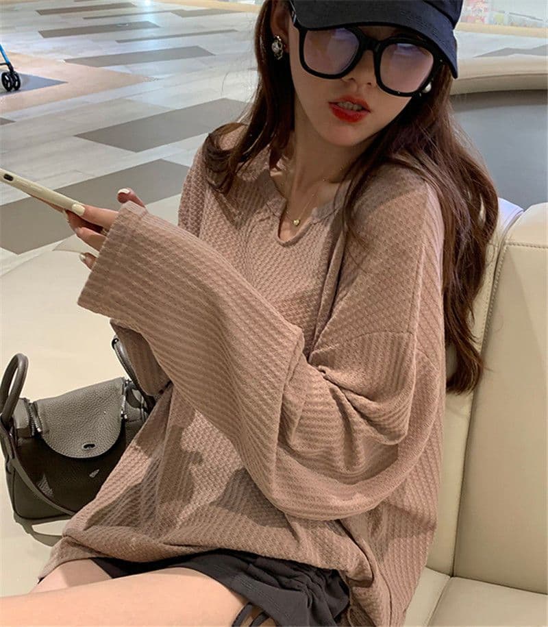 대외 무역 원본 후아 남편 그리드 후드티 여성 얇은 스타일 루즈핏 긴팔 티셔츠 여성 풀오버 맨위 상세 이미지 17
