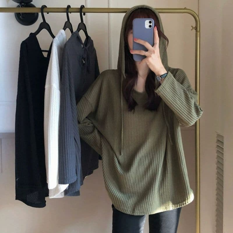대외 무역 원본 후아 남편 그리드 가을 루즈핏 얇은 스타일 후드 풀오버 스웨트셔츠 여성 긴 소매 상세 이미지 20