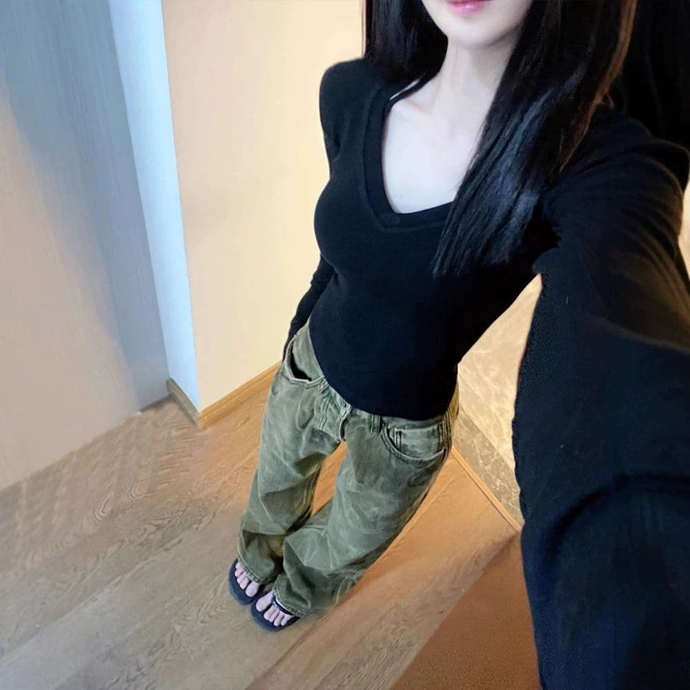 있음 선적 가을 새로운 한국 스타일 대외 무역 원본 몸매 가꾸기 V넥 긍정적 인 어깨 긴팔 티셔츠 기본 셔츠 맨위 이미지 4