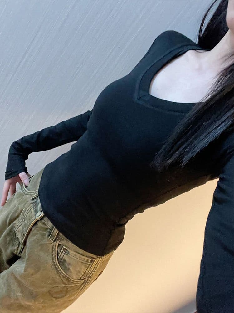 있음 선적 가을 새로운 한국 스타일 대외 무역 원본 몸매 가꾸기 V넥 긍정적 인 어깨 긴팔 티셔츠 기본 셔츠 맨위 상세 이미지 5