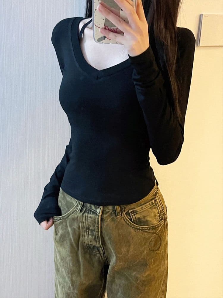 있음 선적 가을 새로운 한국 스타일 대외 무역 원본 몸매 가꾸기 V넥 긍정적 인 어깨 긴팔 티셔츠 기본 셔츠 맨위 상세 이미지 8