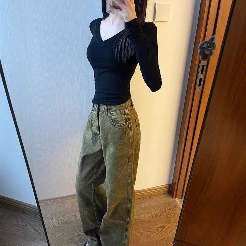 있음 선적 가을 새로운 한국 스타일 대외 무역 원본 몸매 가꾸기 V넥 긍정적 인 어깨 긴팔 티셔츠 기본 셔츠 맨위 상세 이미지 13