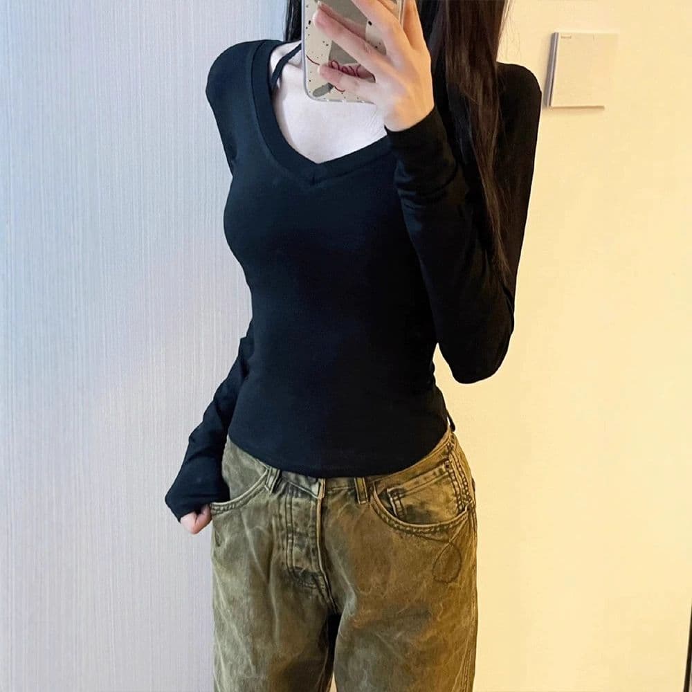 있음 선적 가을 새로운 한국 스타일 대외 무역 원본 몸매 가꾸기 V넥 긍정적 인 어깨 긴팔 티셔츠 기본 셔츠 맨위 상세 이미지 14