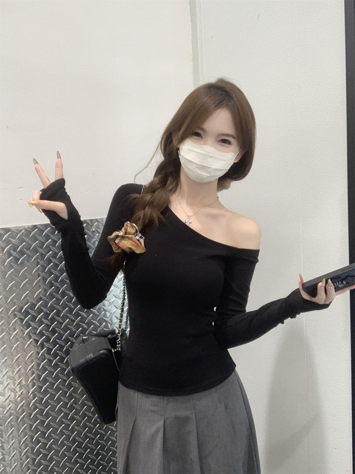 있음 선적 원본 De 플러시 대외 무역 원본 오프숄더 긴팔 만나는 De 플러시 티셔츠 여성 가을 몸매 가꾸기 맨위 상세 이미지 19